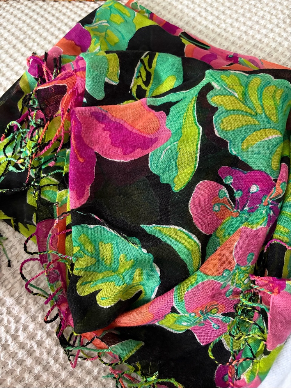 Lilly Pulitzer Black Floral Scarf with Pink, Green and black plus fringe edge